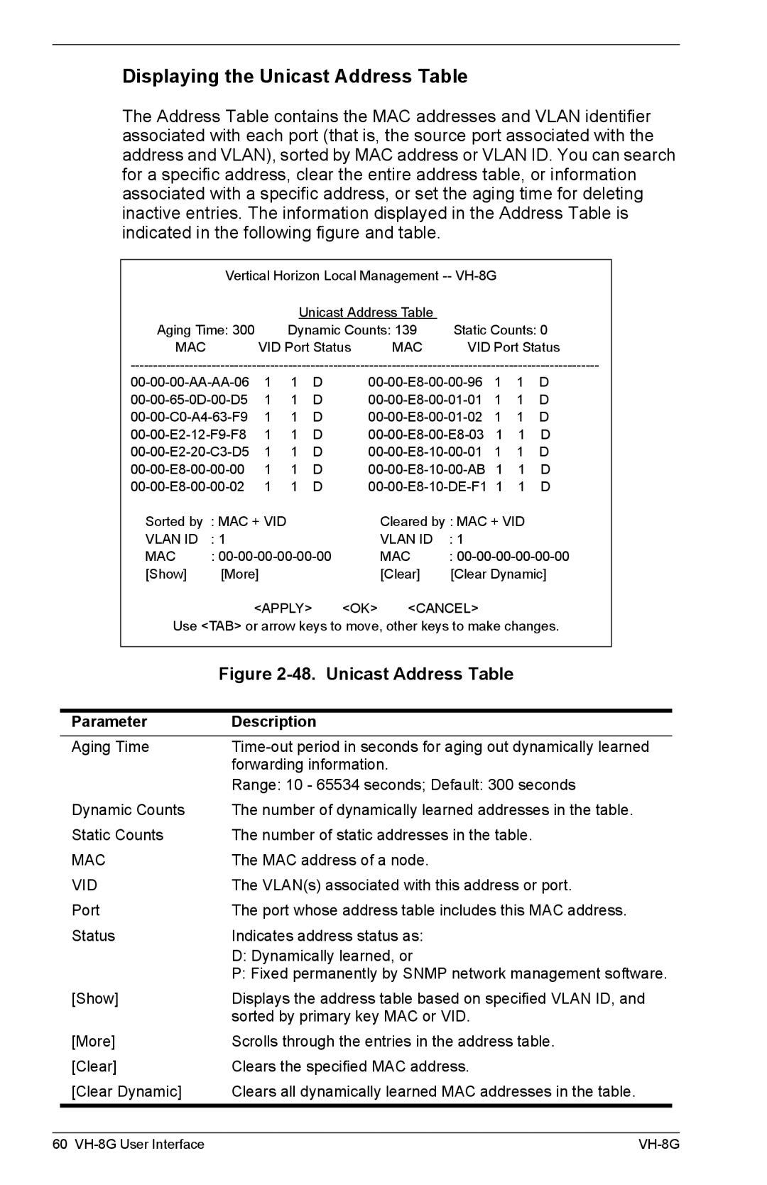 Enterasys Networks VH-8G manual Displaying the Unicast Address Table 