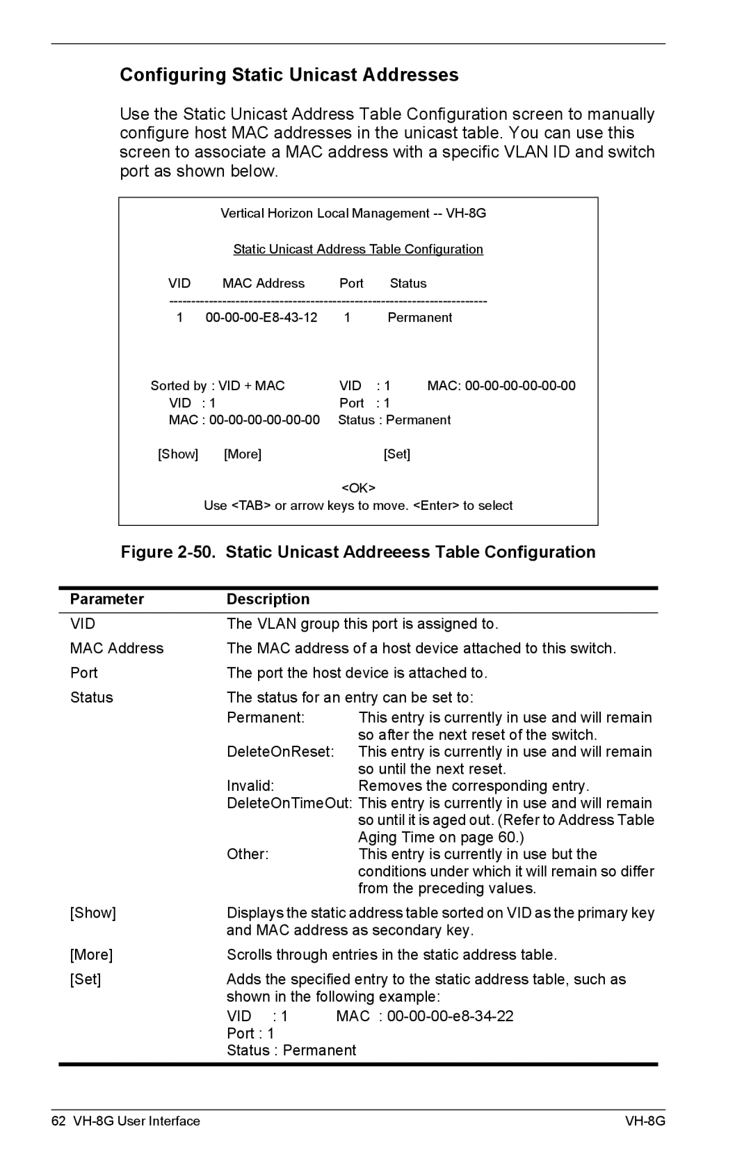 Enterasys Networks VH-8G manual Configuring Static Unicast Addresses, Static Unicast Addreeess Table Configuration 