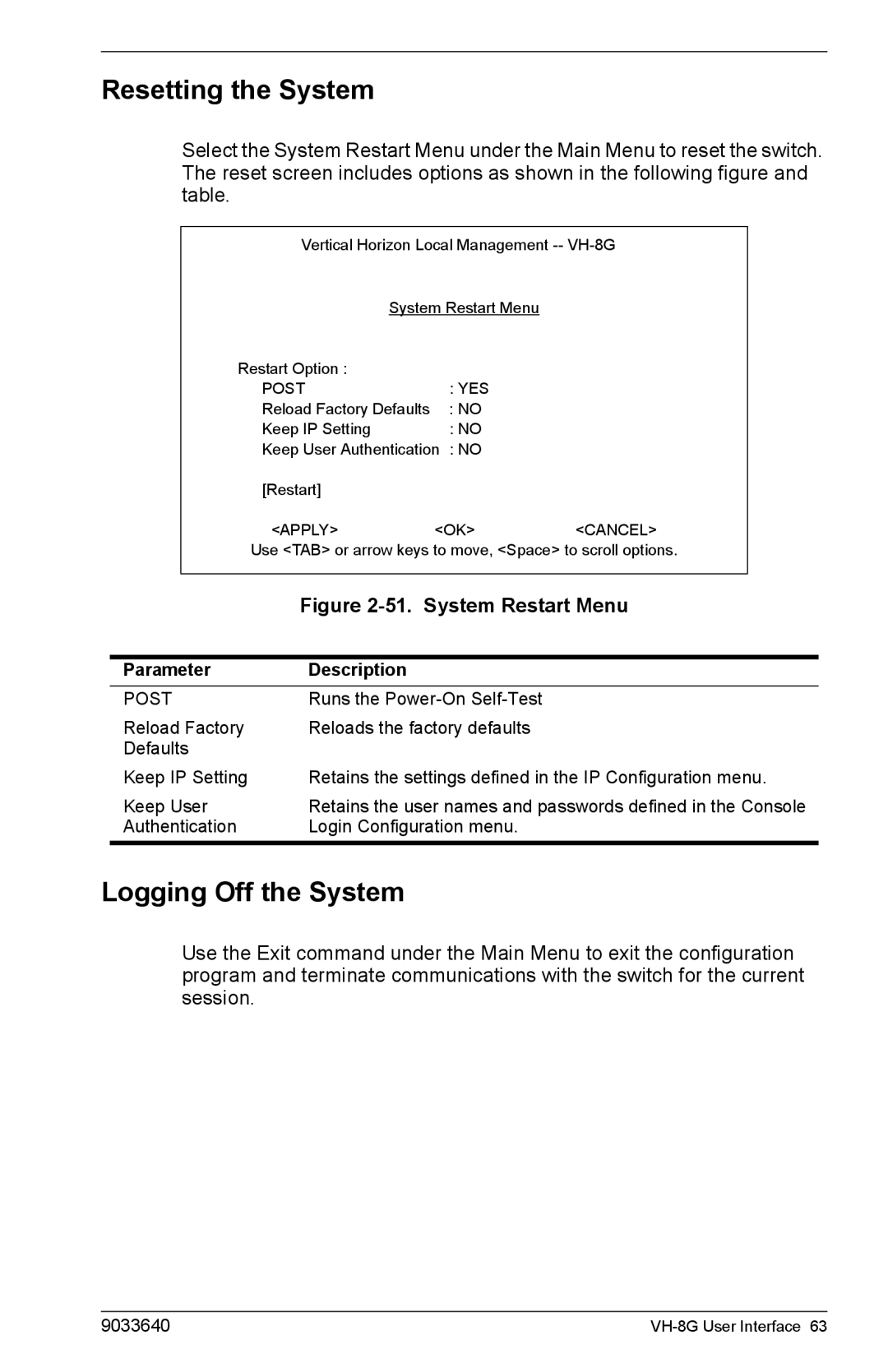 Enterasys Networks VH-8G manual Resetting the System, Logging Off the System 