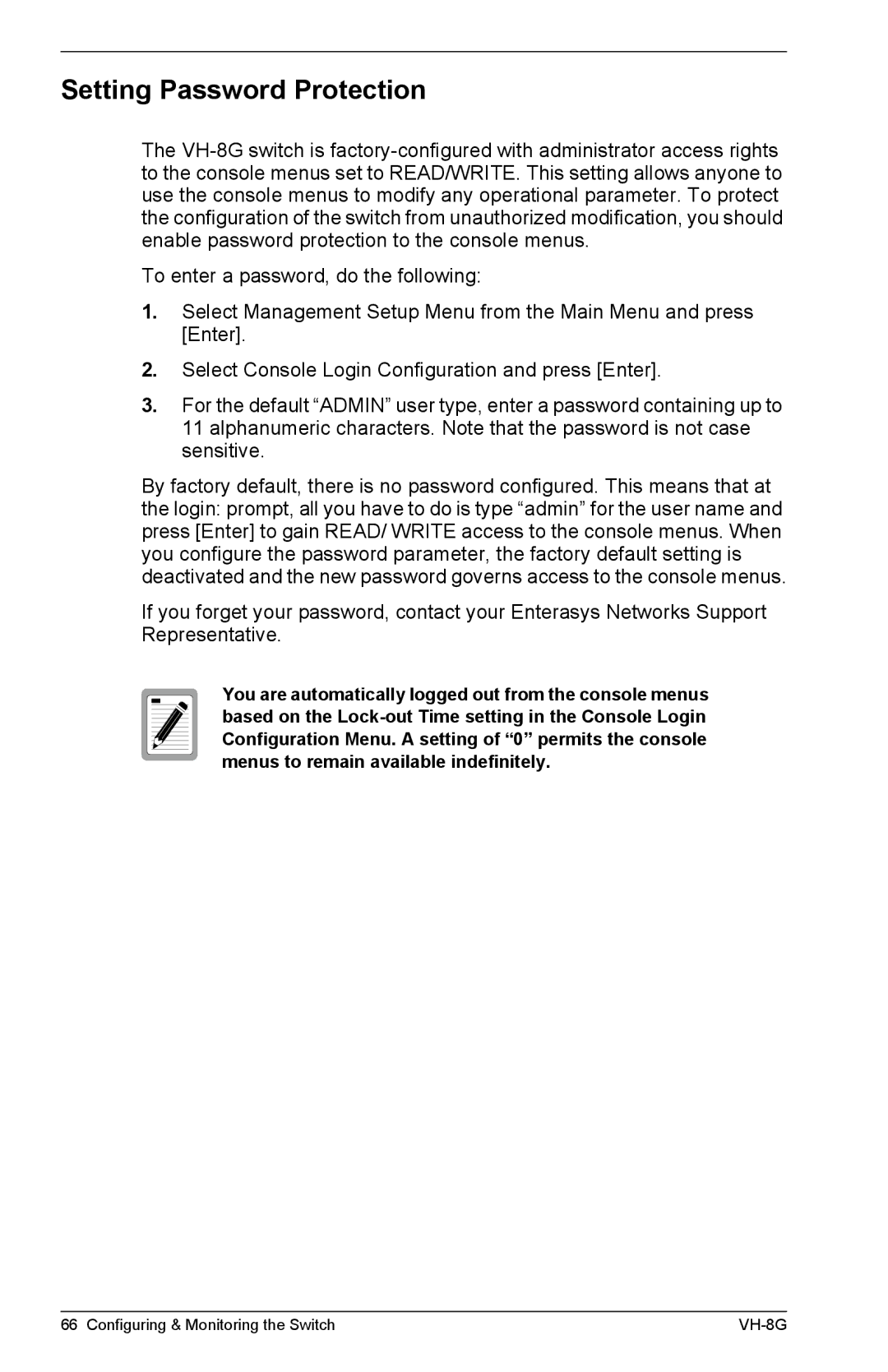 Enterasys Networks VH-8G manual Setting Password Protection 