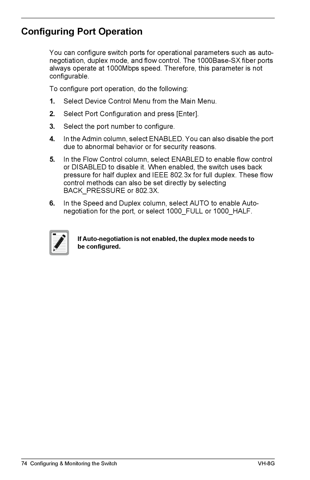 Enterasys Networks VH-8G manual Configuring Port Operation 