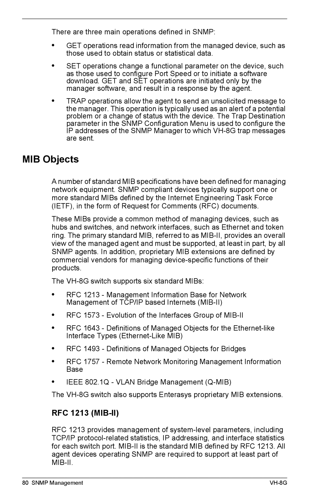 Enterasys Networks VH-8G manual MIB Objects, RFC 1213 MIB-II 