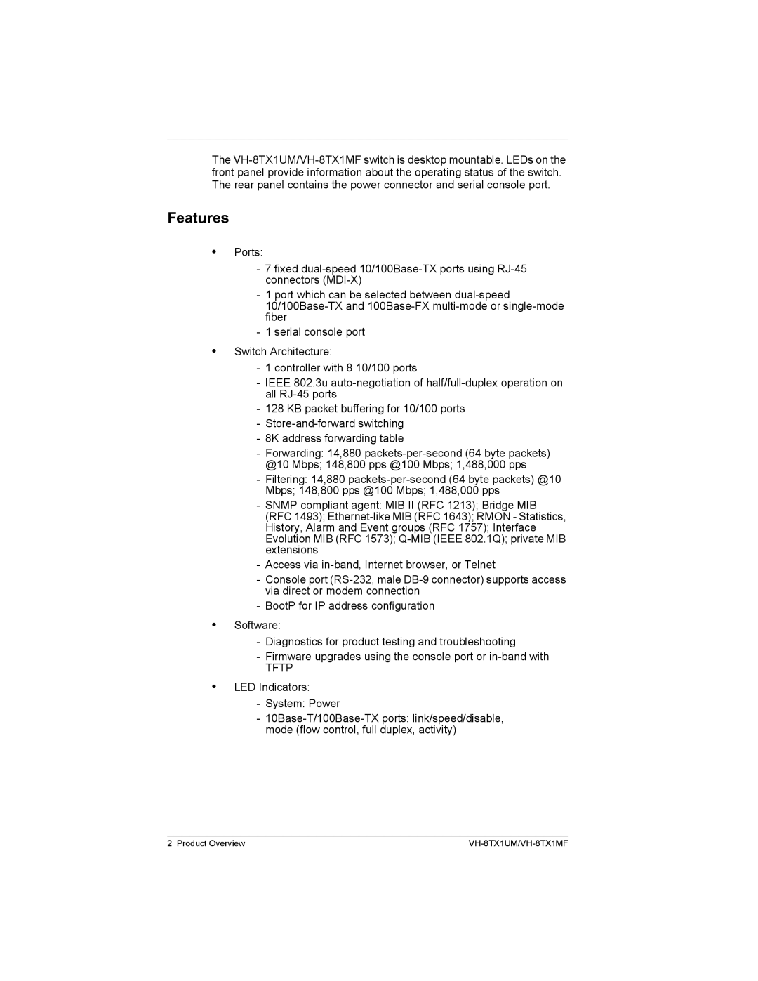 Enterasys Networks VH-8TX1MF, VH-8TX1UM manual Features, Tftp 