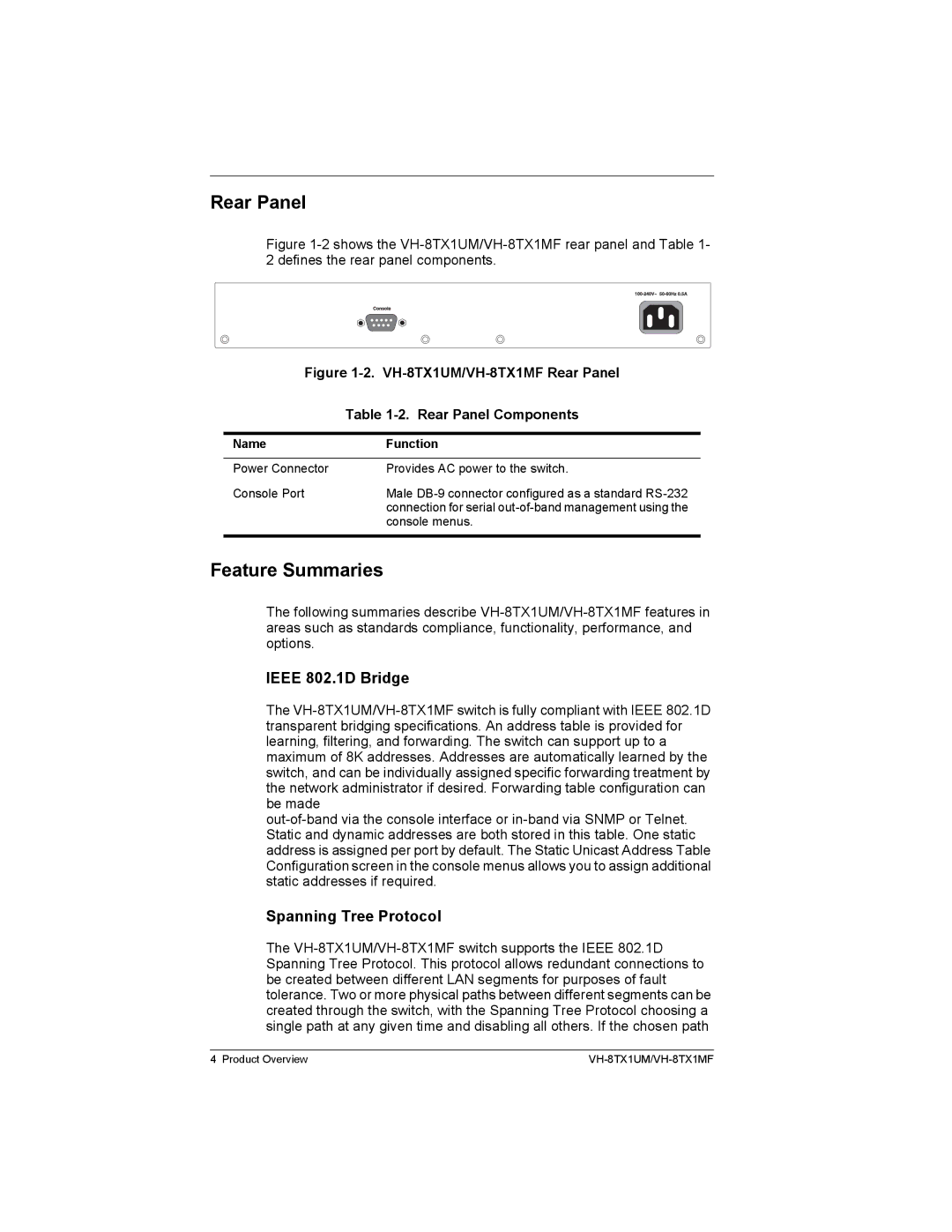 Enterasys Networks VH-8TX1MF, VH-8TX1UM manual Rear Panel, Feature Summaries, Ieee 802.1D Bridge, Spanning Tree Protocol 