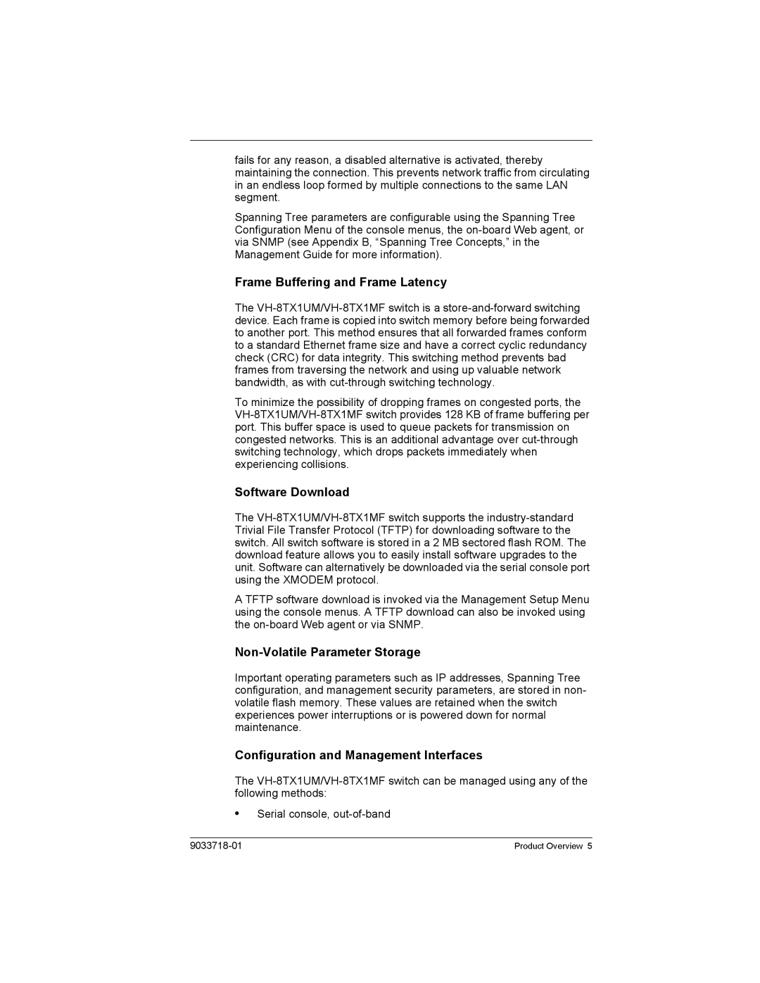 Enterasys Networks VH-8TX1UM manual Frame Buffering and Frame Latency, Software Download, Non-Volatile Parameter Storage 