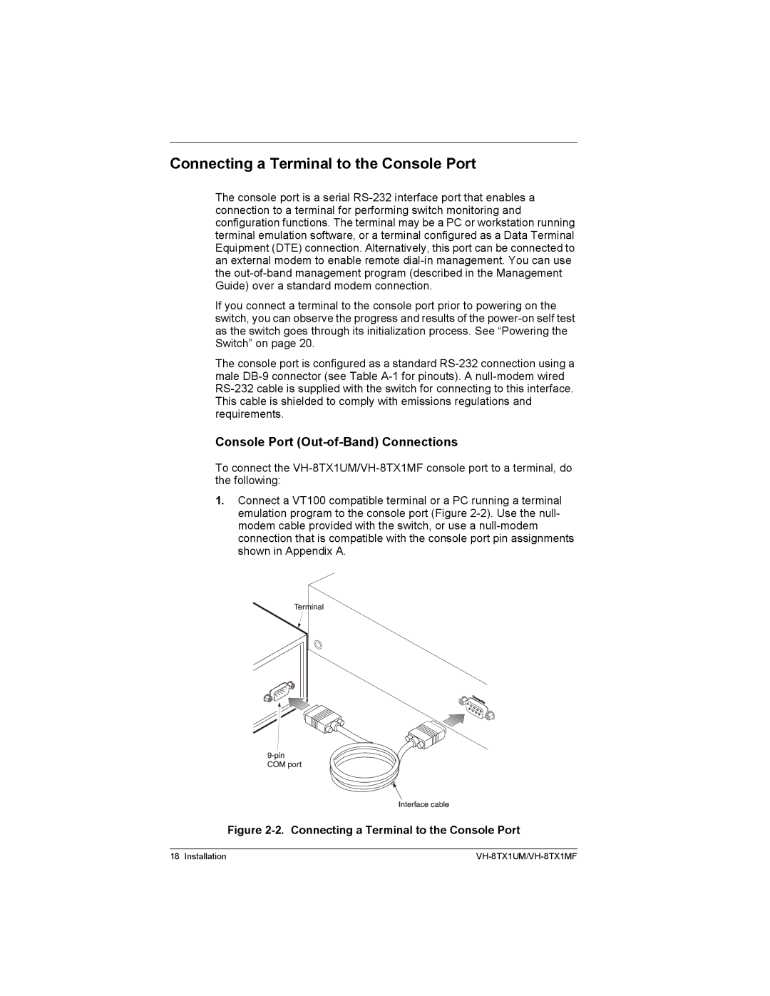 Enterasys Networks VH-8TX1MF, VH-8TX1UM Connecting a Terminal to the Console Port, Console Port Out-of-Band Connections 