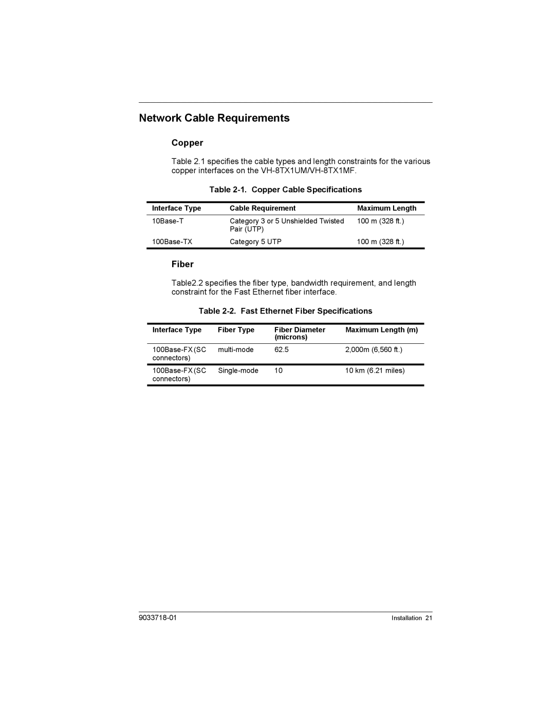 Enterasys Networks VH-8TX1UM, VH-8TX1MF manual Network Cable Requirements, Copper, Fiber 