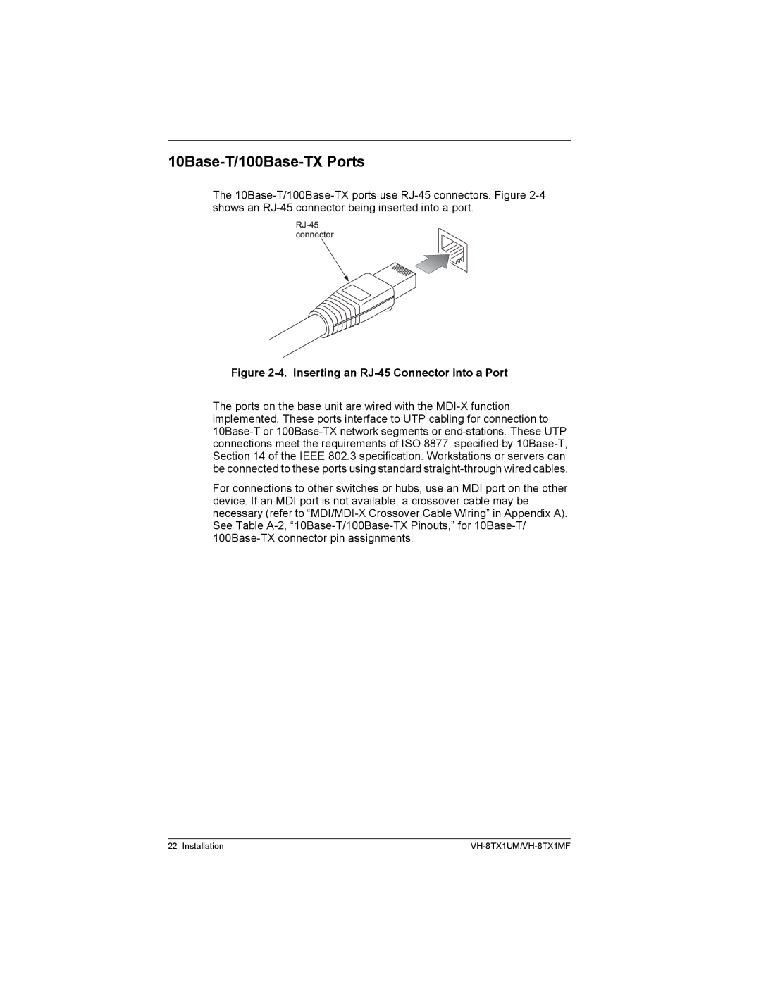 Enterasys Networks VH-8TX1MF, VH-8TX1UM manual 10Base-T/100Base-TX Ports, Inserting an RJ-45 Connector into a Port 