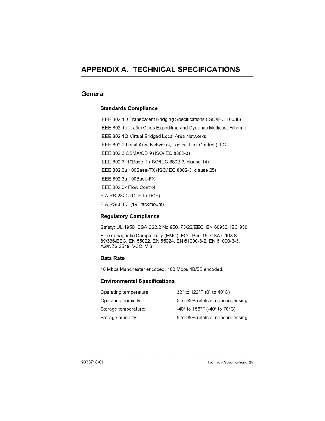 Enterasys Networks VH-8TX1UM, VH-8TX1MF manual Appendix A. Technical Specifications, General 