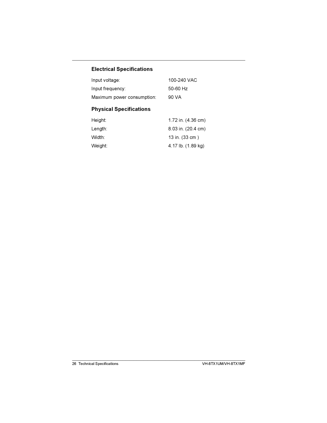 Enterasys Networks VH-8TX1MF, VH-8TX1UM manual Electrical Specifications, Physical Specifications 