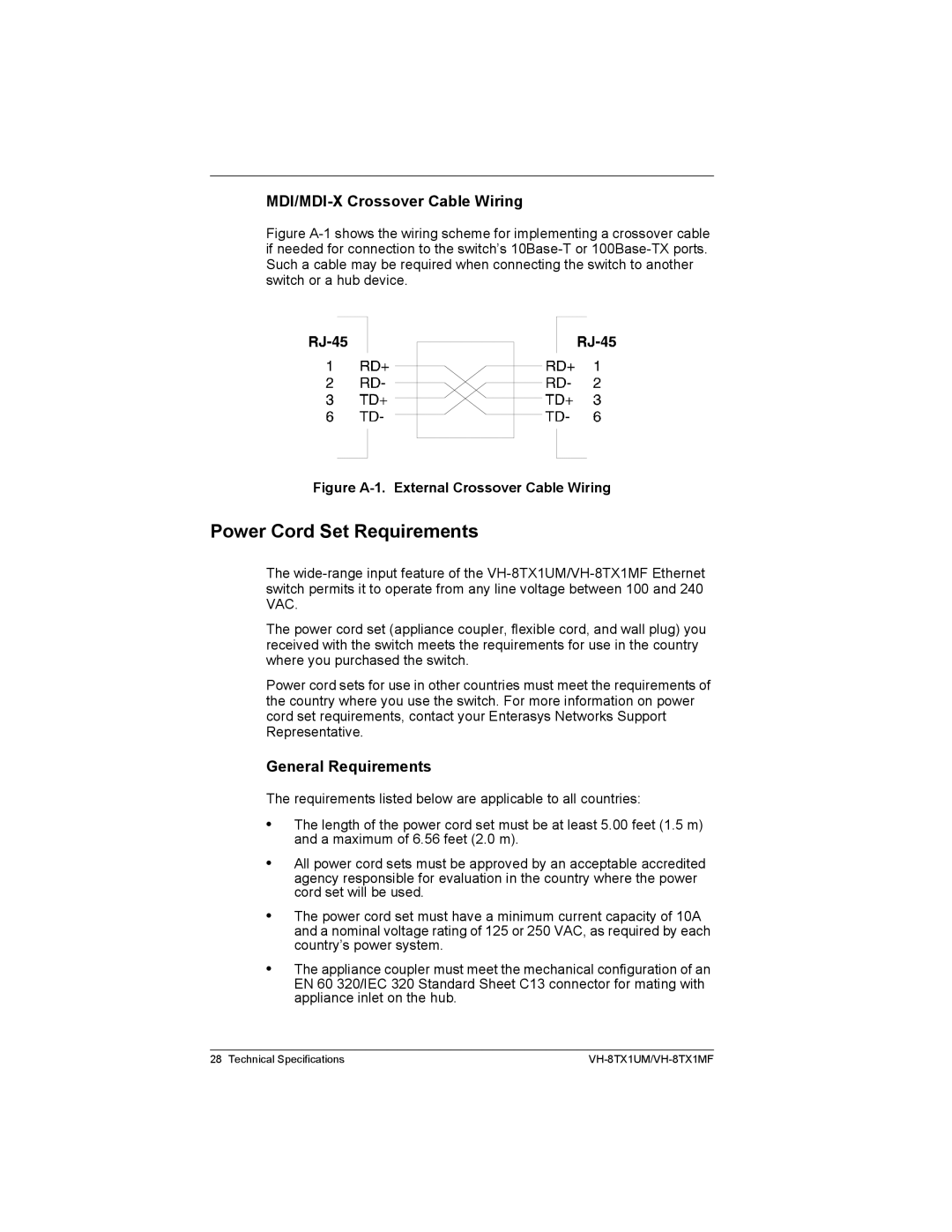 Enterasys Networks VH-8TX1MF manual Power Cord Set Requirements, MDI/MDI-X Crossover Cable Wiring, General Requirements 