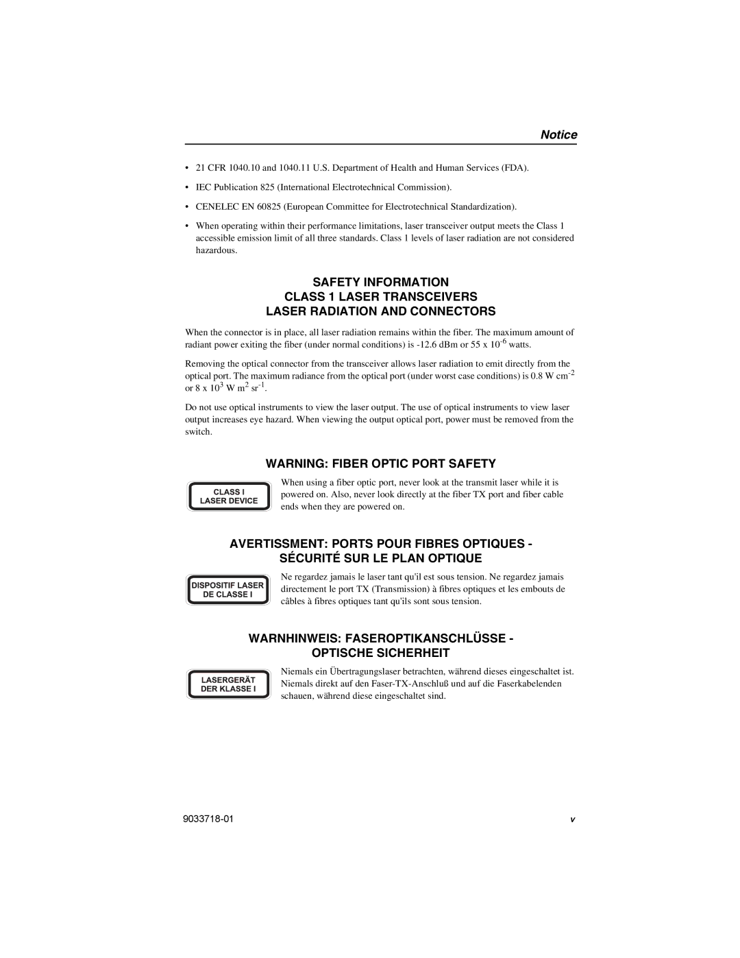 Enterasys Networks VH-8TX1UM, VH-8TX1MF manual Warnhinweis Faseroptikanschlüsse Optische Sicherheit 