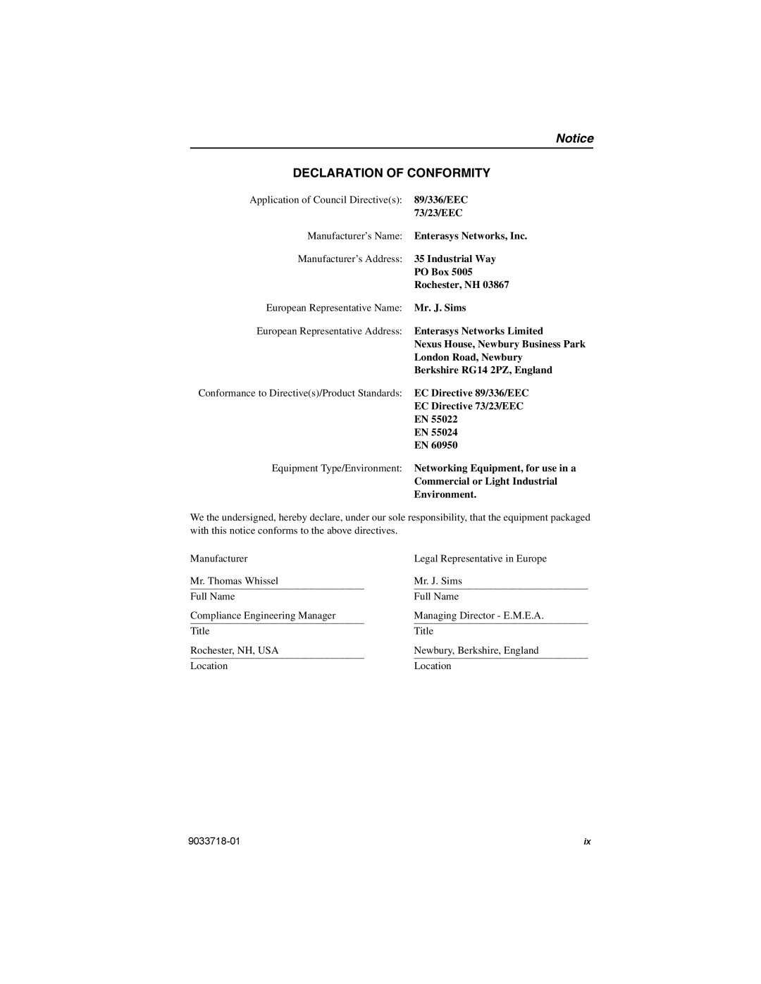 Enterasys Networks VH-8TX1UM, VH-8TX1MF manual Declaration of Conformity 