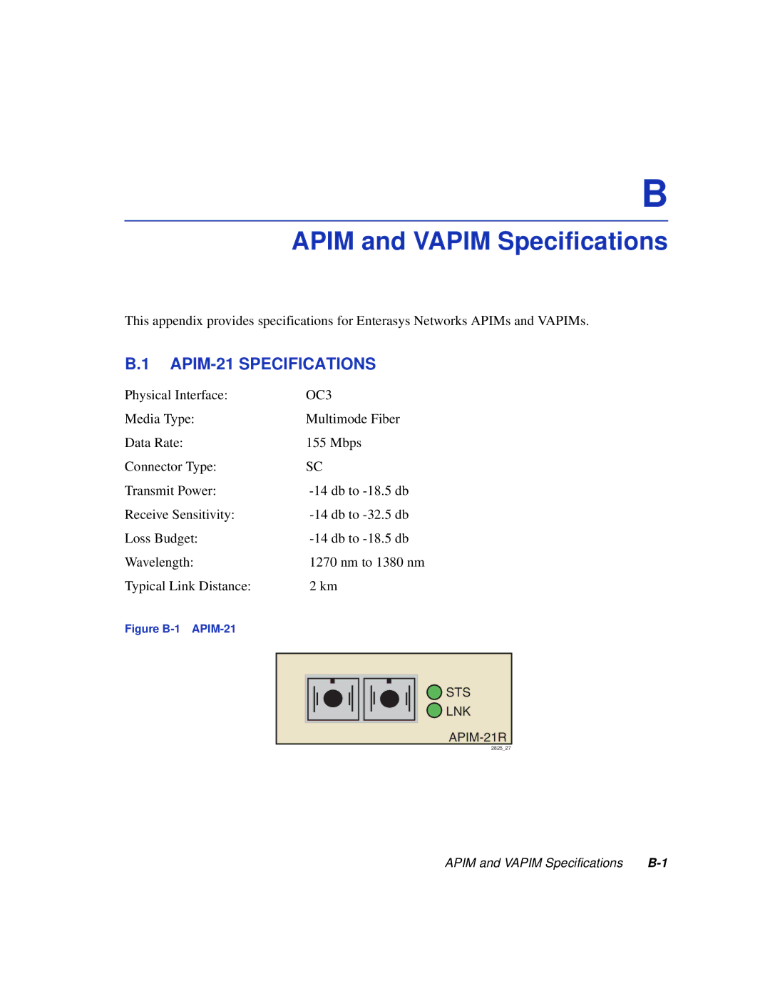 Enterasys Networks VHSIM2-A6DP manual Apim and Vapim Specifications, APIM-21 Specifications 