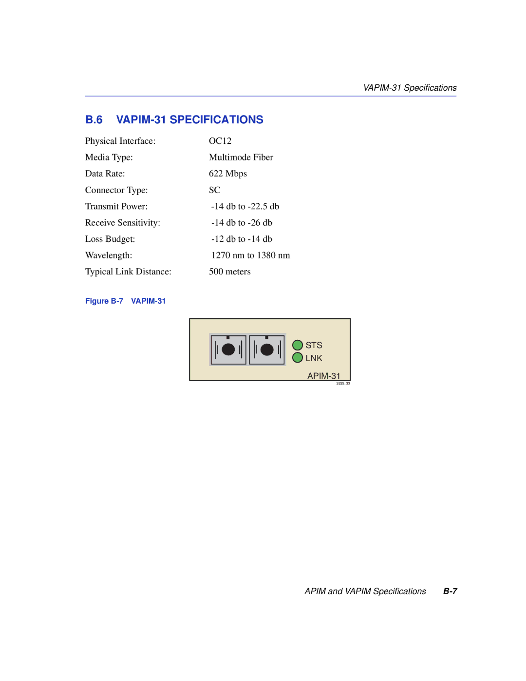 Enterasys Networks VHSIM2-A6DP manual VAPIM-31 Specifications, Figure B-7 VAPIM-31 