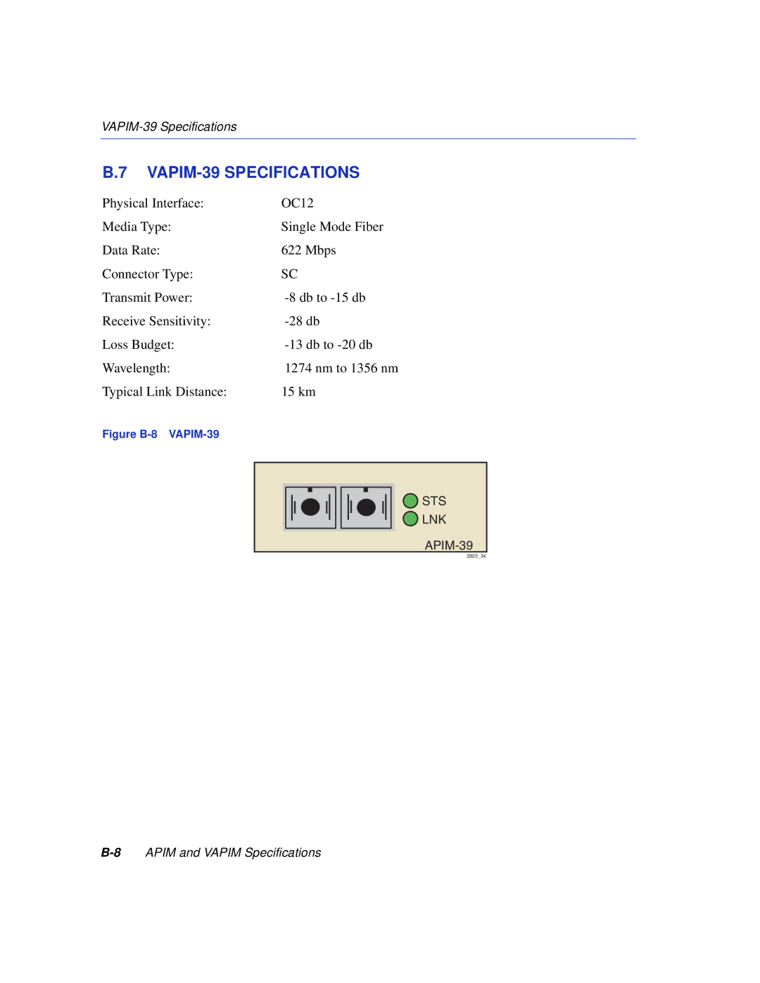 Enterasys Networks VHSIM2-A6DP manual VAPIM-39 Specifications, Figure B-8 VAPIM-39 