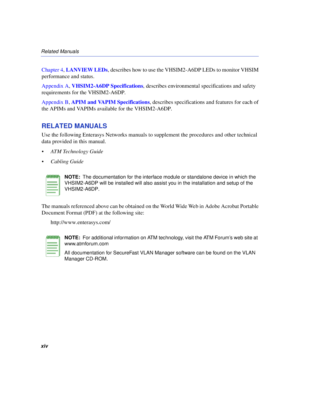 Enterasys Networks VHSIM2-A6DP manual Related Manuals, ATM Technology Guide Cabling Guide 