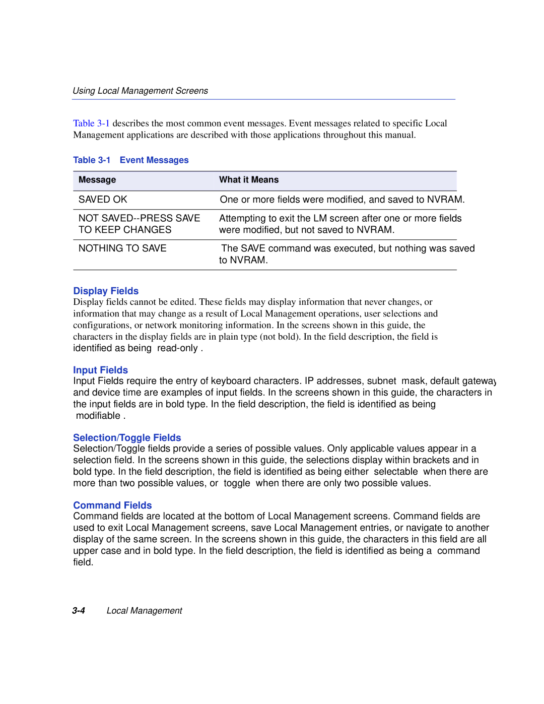 Enterasys Networks VHSIM2-A6DP manual Display Fields, Input Fields, Selection/Toggle Fields, Command Fields 