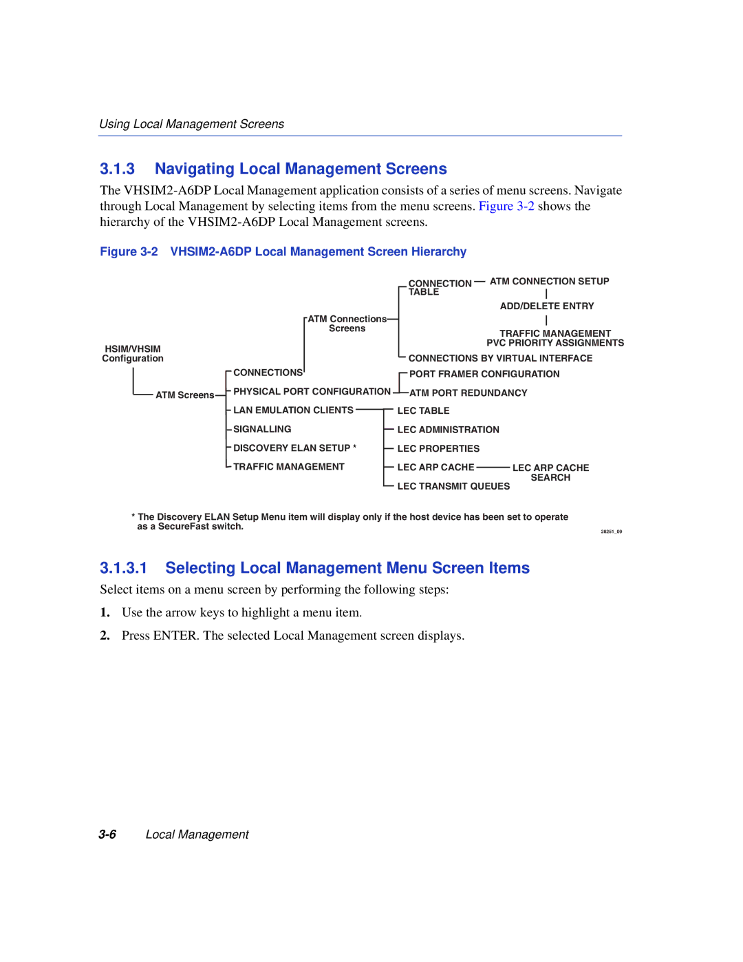 Enterasys Networks VHSIM2-A6DP manual Navigating Local Management Screens, Selecting Local Management Menu Screen Items 