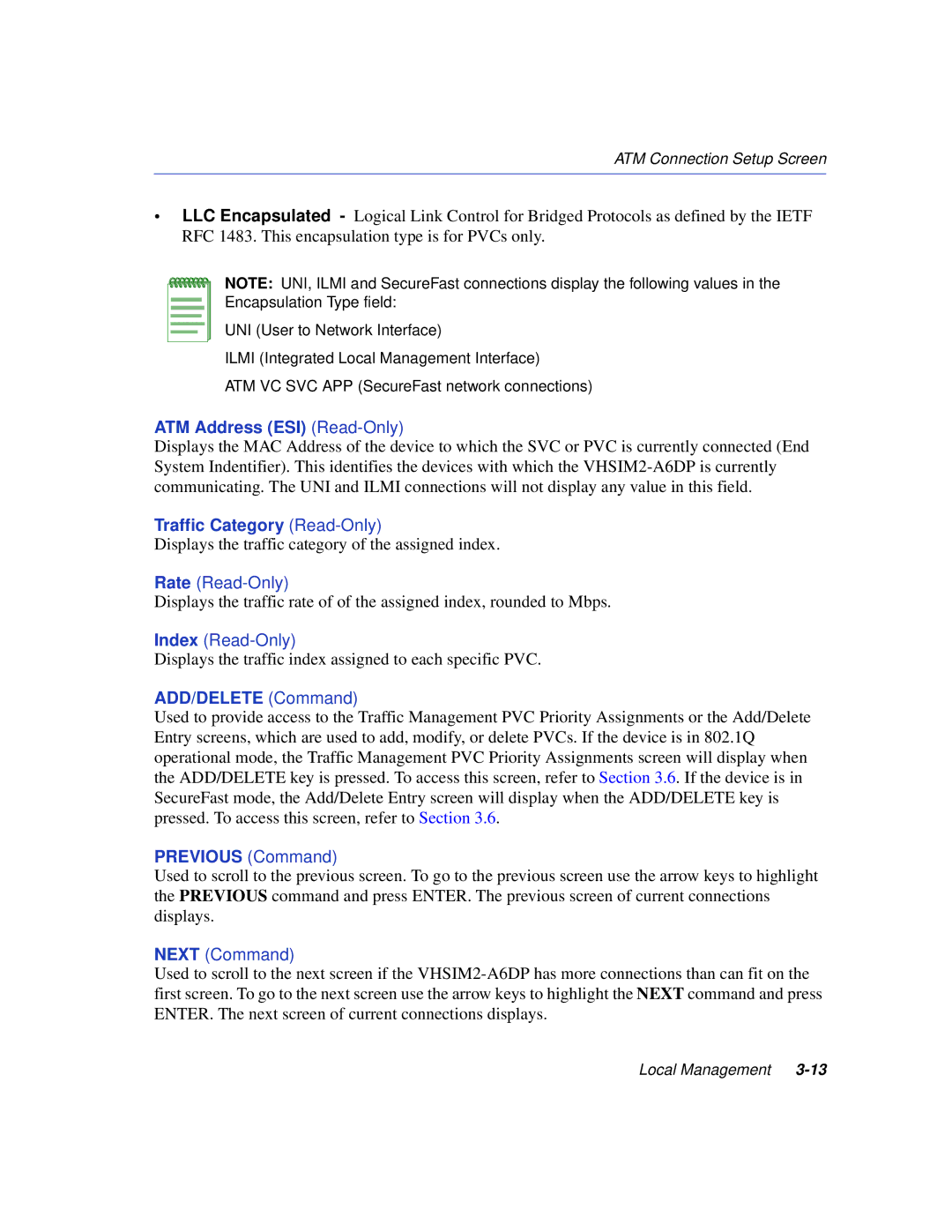 Enterasys Networks VHSIM2-A6DP ATM Address ESI Read-Only, Traffic Category Read-Only, ADD/DELETE Command, Previous Command 