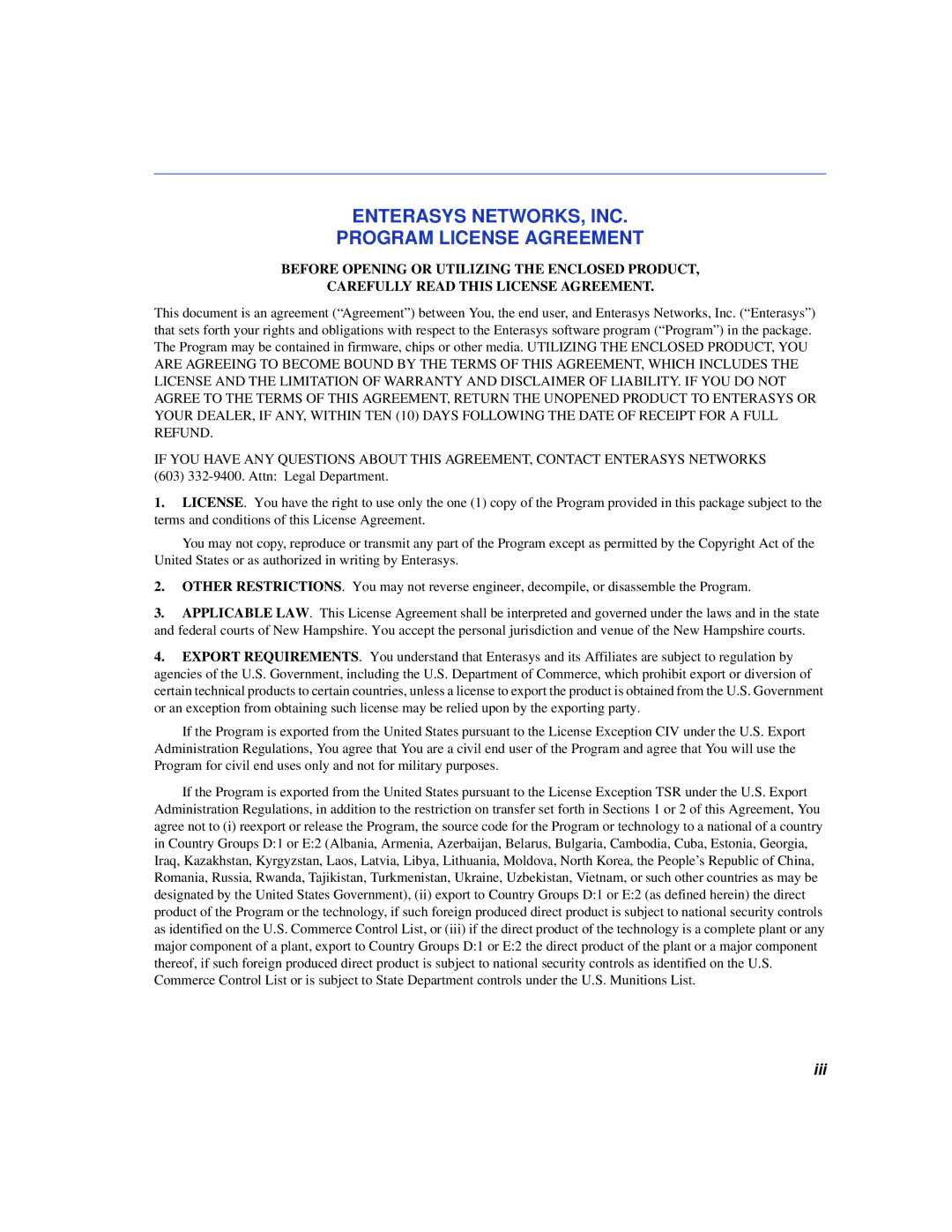 Enterasys Networks VHSIM2-A6DP manual Enterasys NETWORKS, INC Program License Agreement 