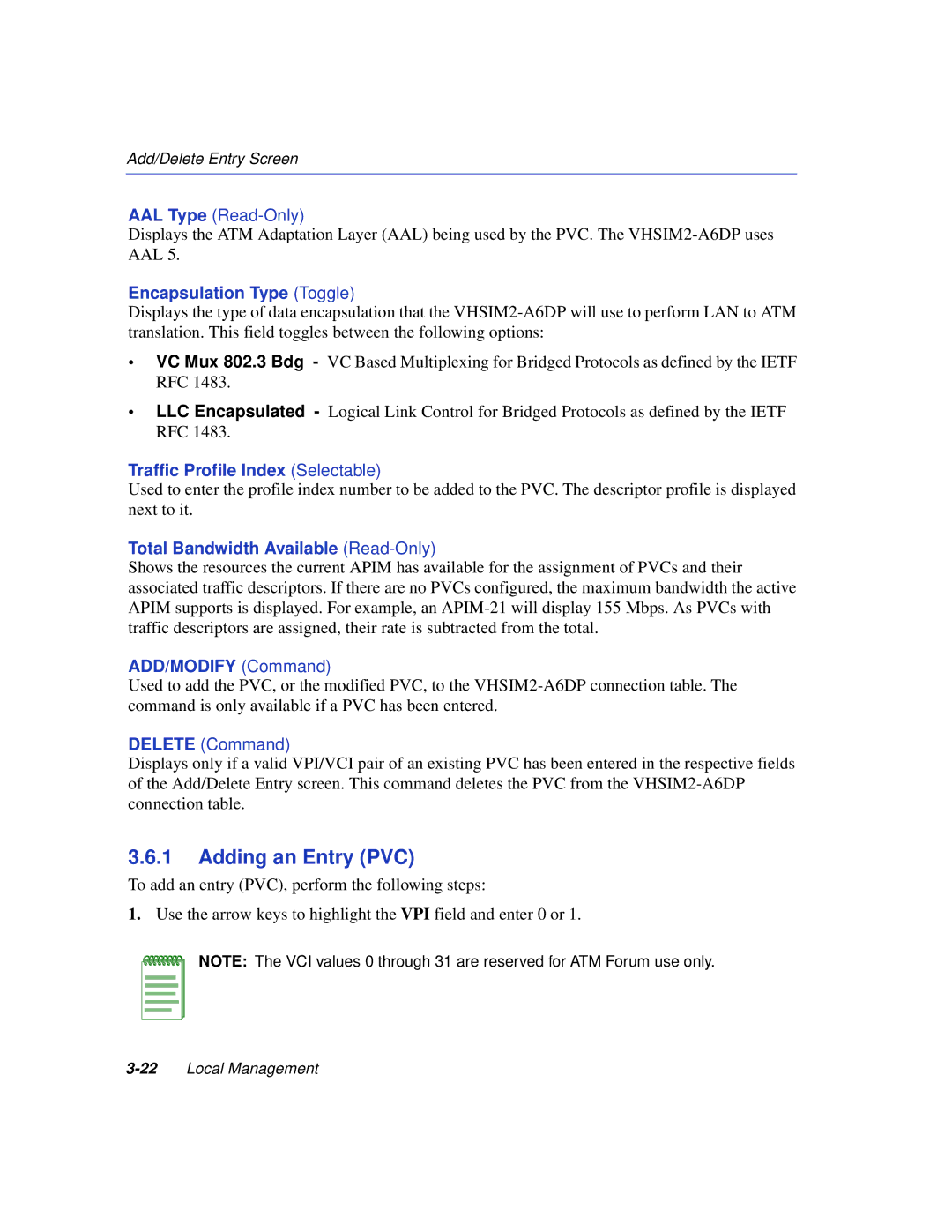 Enterasys Networks VHSIM2-A6DP manual Adding an Entry PVC, Traffic Profile Index Selectable, ADD/MODIFY Command 