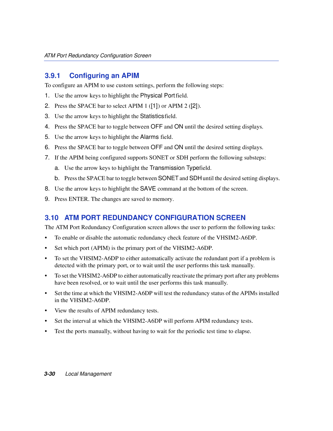 Enterasys Networks VHSIM2-A6DP manual Configuring an Apim, ATM Port Redundancy Configuration Screen 