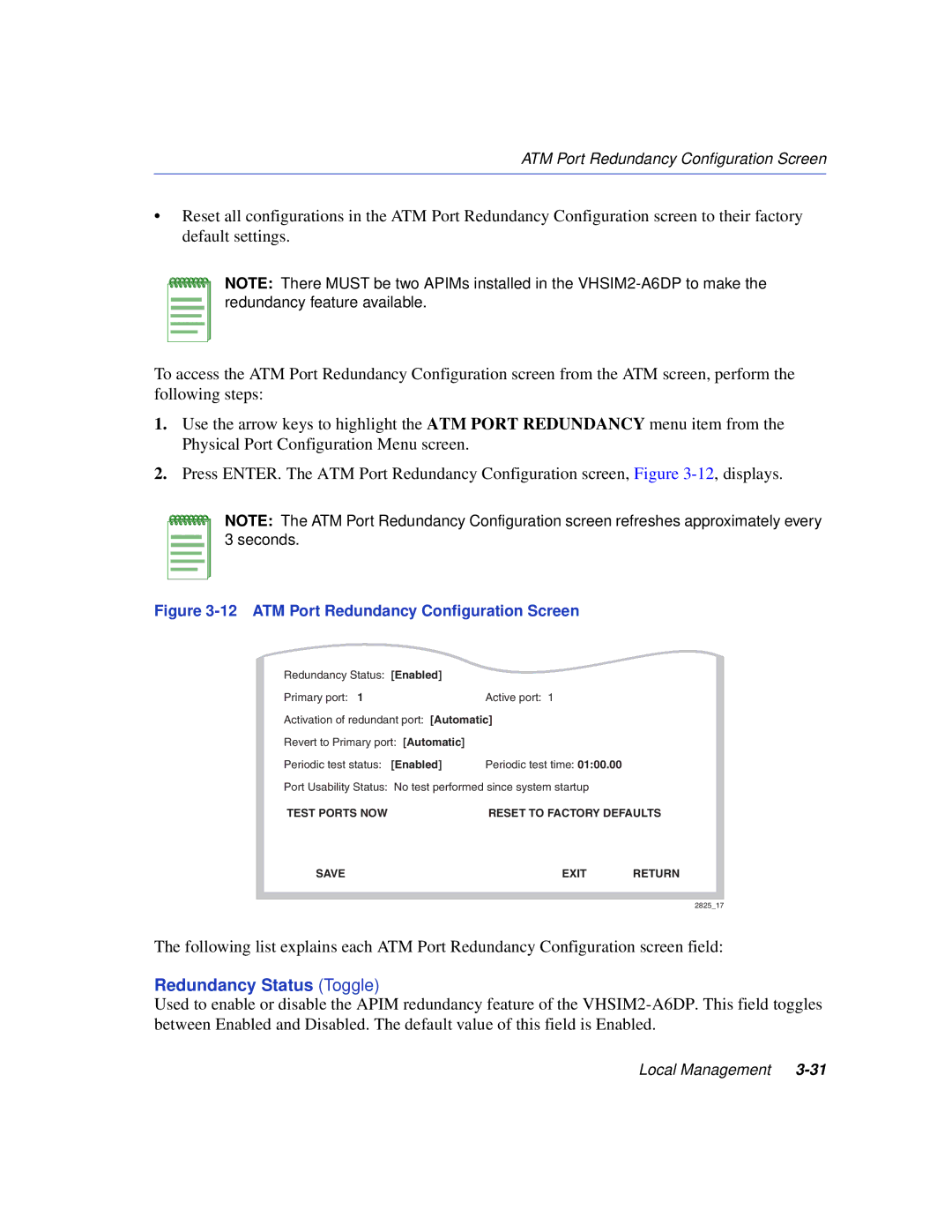 Enterasys Networks VHSIM2-A6DP manual Redundancy Status Toggle, ATM Port Redundancy Configuration Screen 