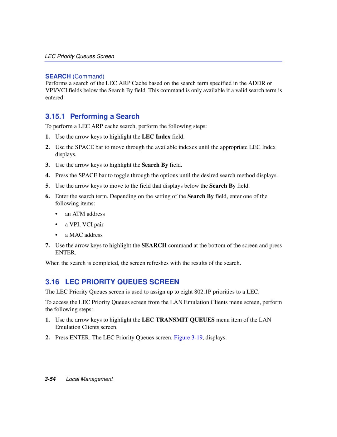 Enterasys Networks VHSIM2-A6DP manual Performing a Search, LEC Priority Queues Screen, Search Command 