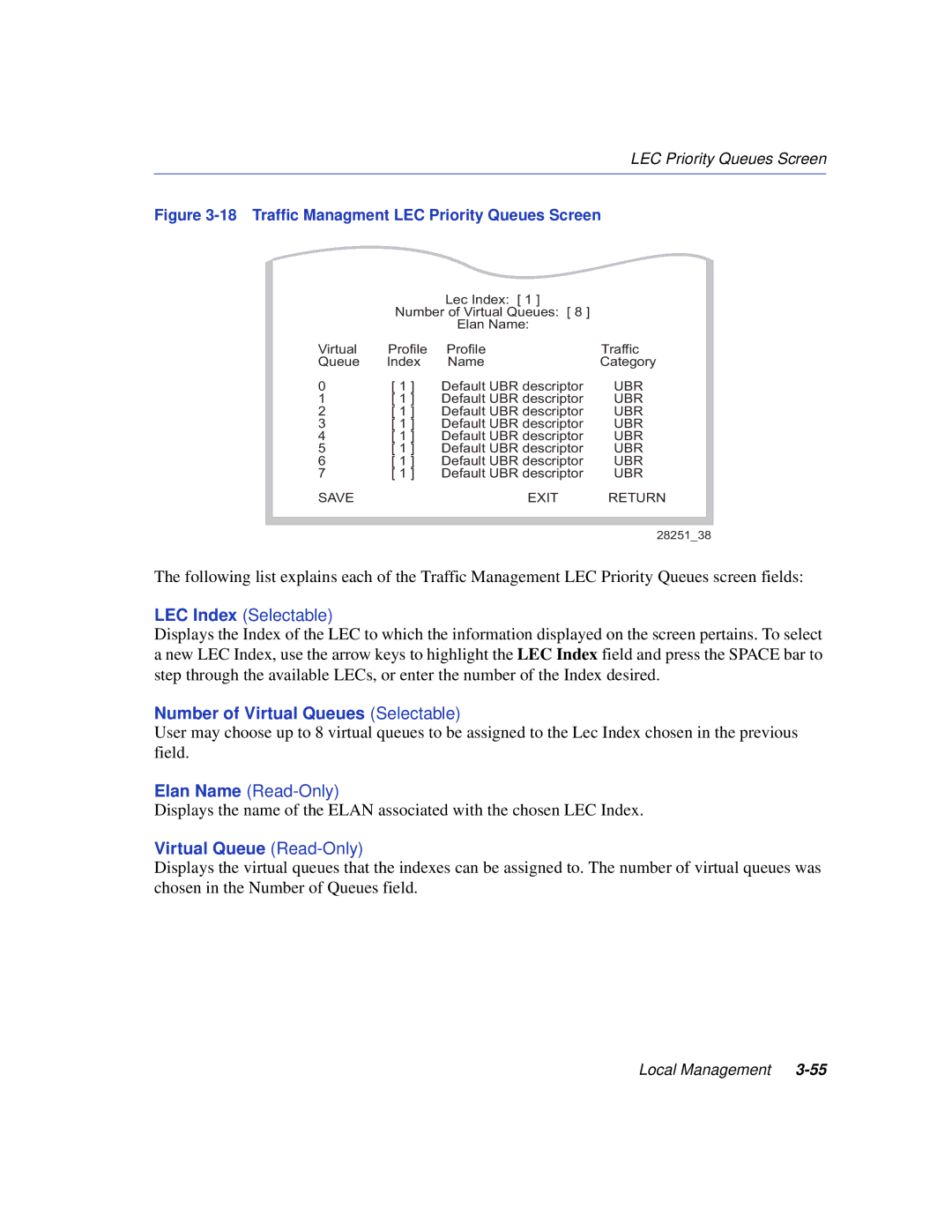 Enterasys Networks VHSIM2-A6DP manual Number of Virtual Queues Selectable, Traffic Managment LEC Priority Queues Screen 