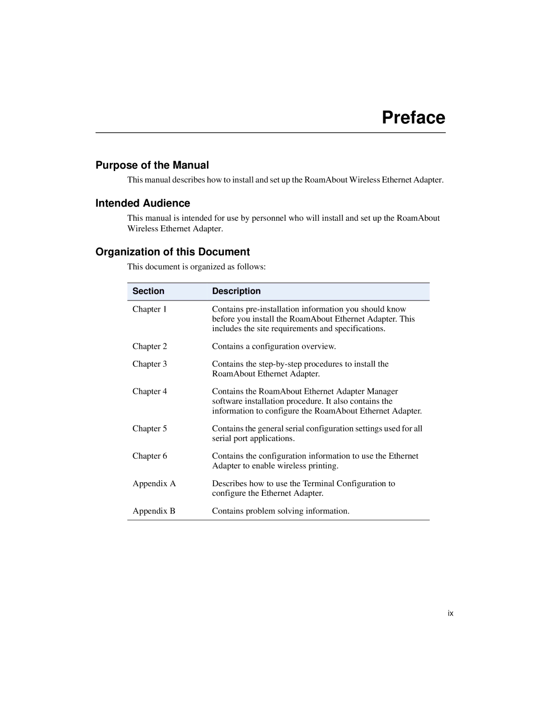 Enterasys Networks Wireless Ethernet Adapter I Preface, Purpose of the Manual, Intended Audience, Section Description 