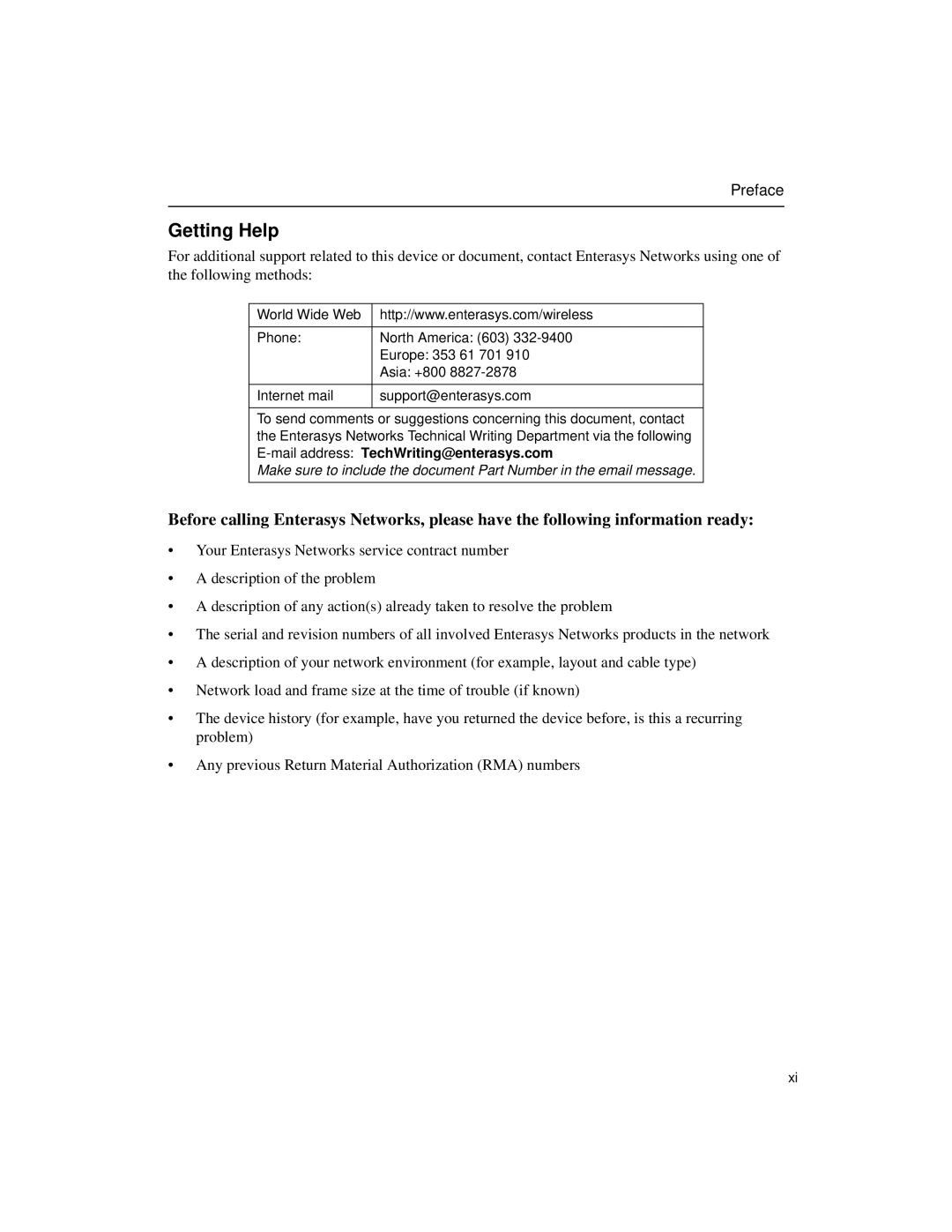 Enterasys Networks Wireless Ethernet Adapter I manual Getting Help 