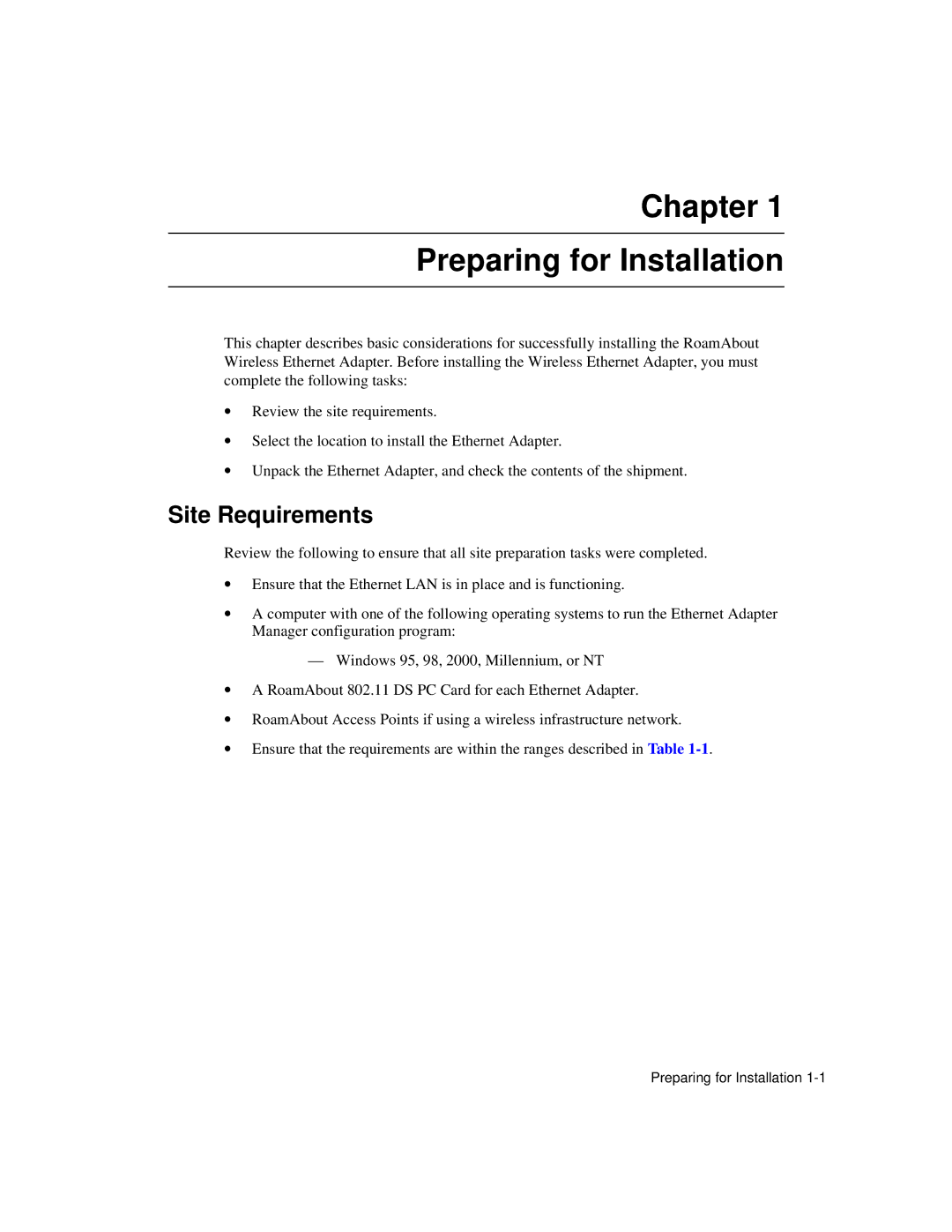 Enterasys Networks Wireless Ethernet Adapter I manual Chapter Preparing for Installation, Site Requirements 