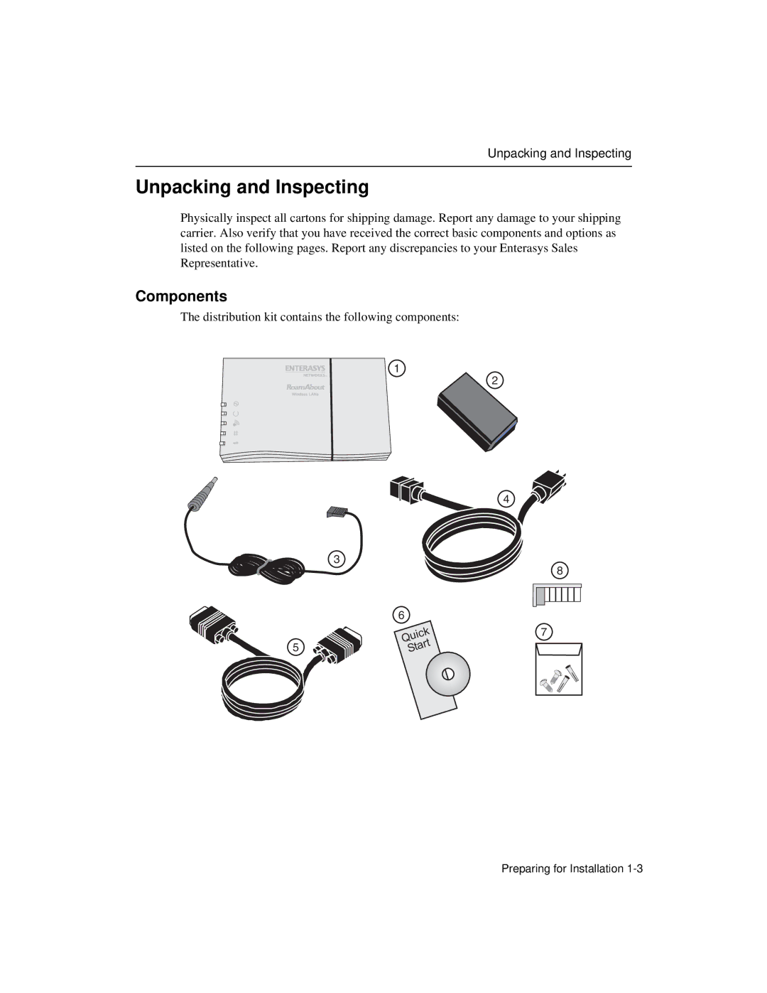 Enterasys Networks Wireless Ethernet Adapter I manual Unpacking and Inspecting, Components 