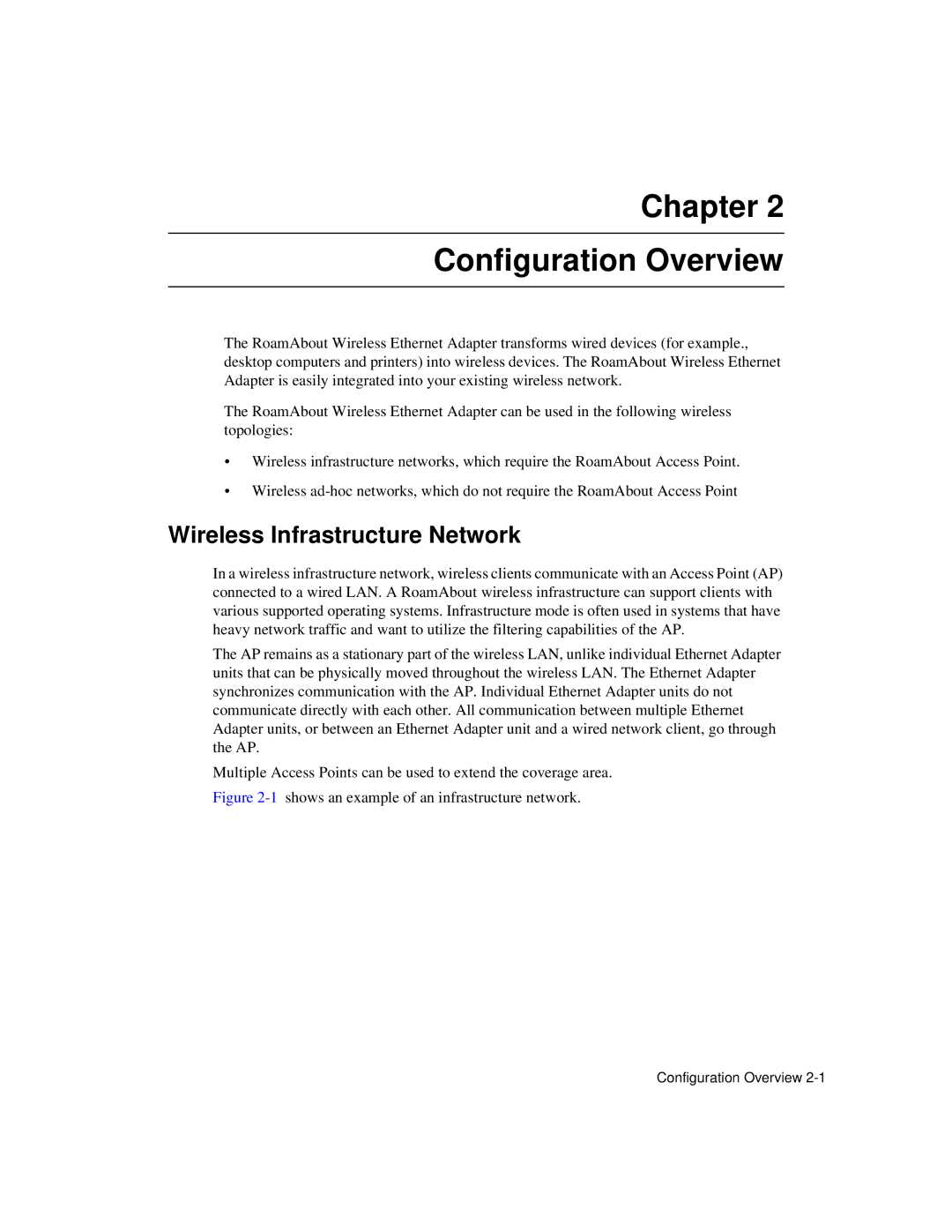 Enterasys Networks Wireless Ethernet Adapter I manual Chapter Configuration Overview, Wireless Infrastructure Network 