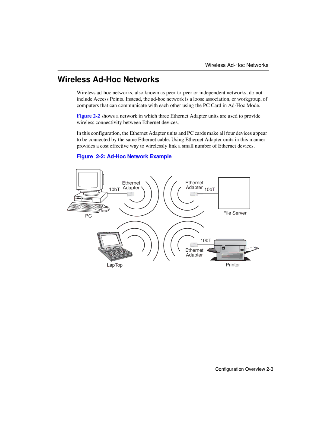 Enterasys Networks Wireless Ethernet Adapter I manual Wireless Ad-HocNetworks, Ad-Hoc Network Example 