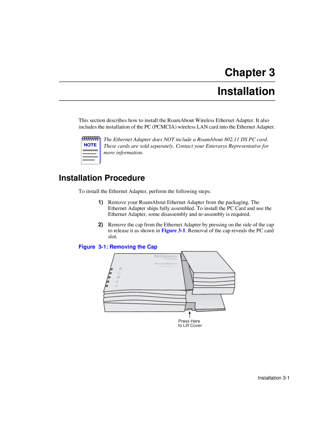 Enterasys Networks Wireless Ethernet Adapter I manual Chapter Installation, Installation Procedure 