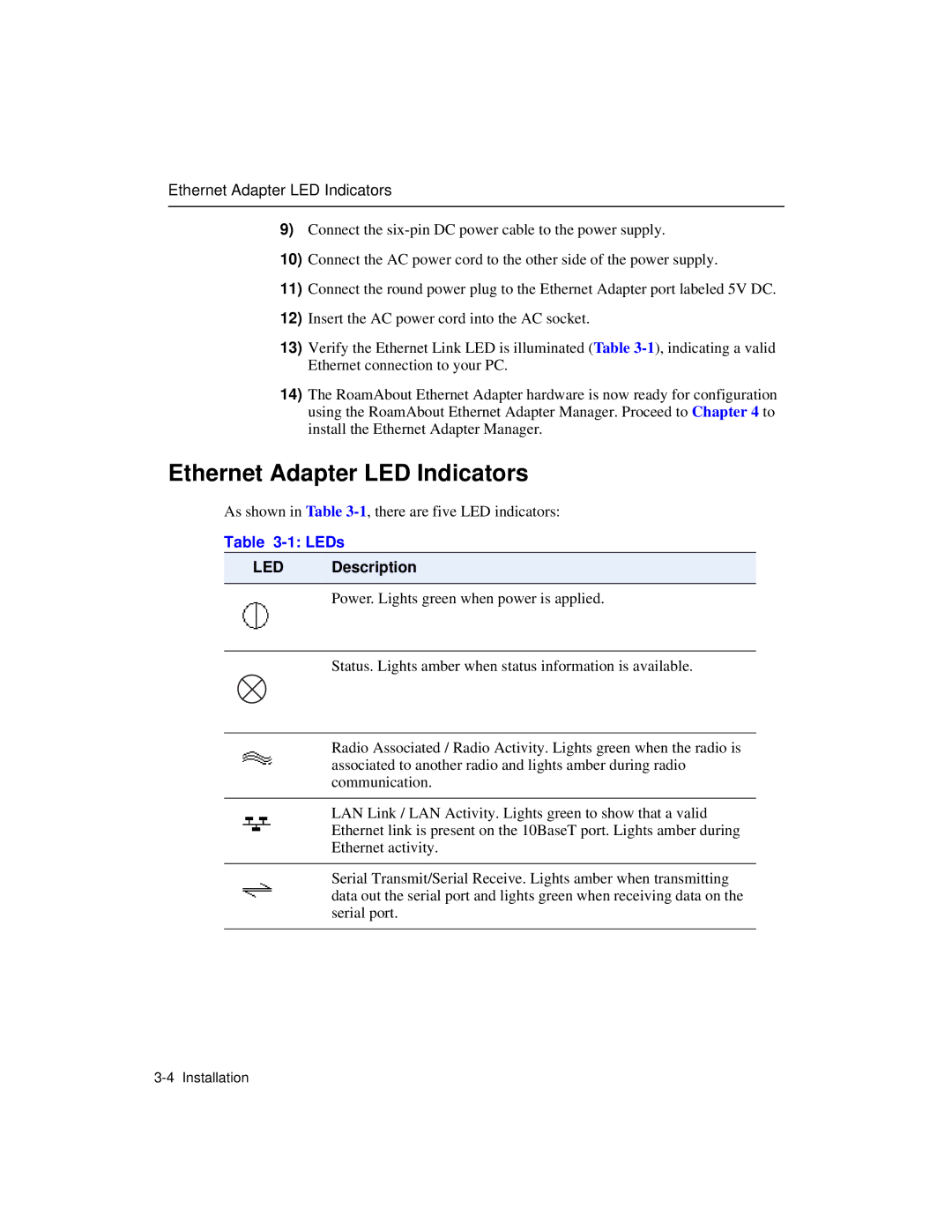 Enterasys Networks Wireless Ethernet Adapter I manual Ethernet Adapter LED Indicators, LED Description 