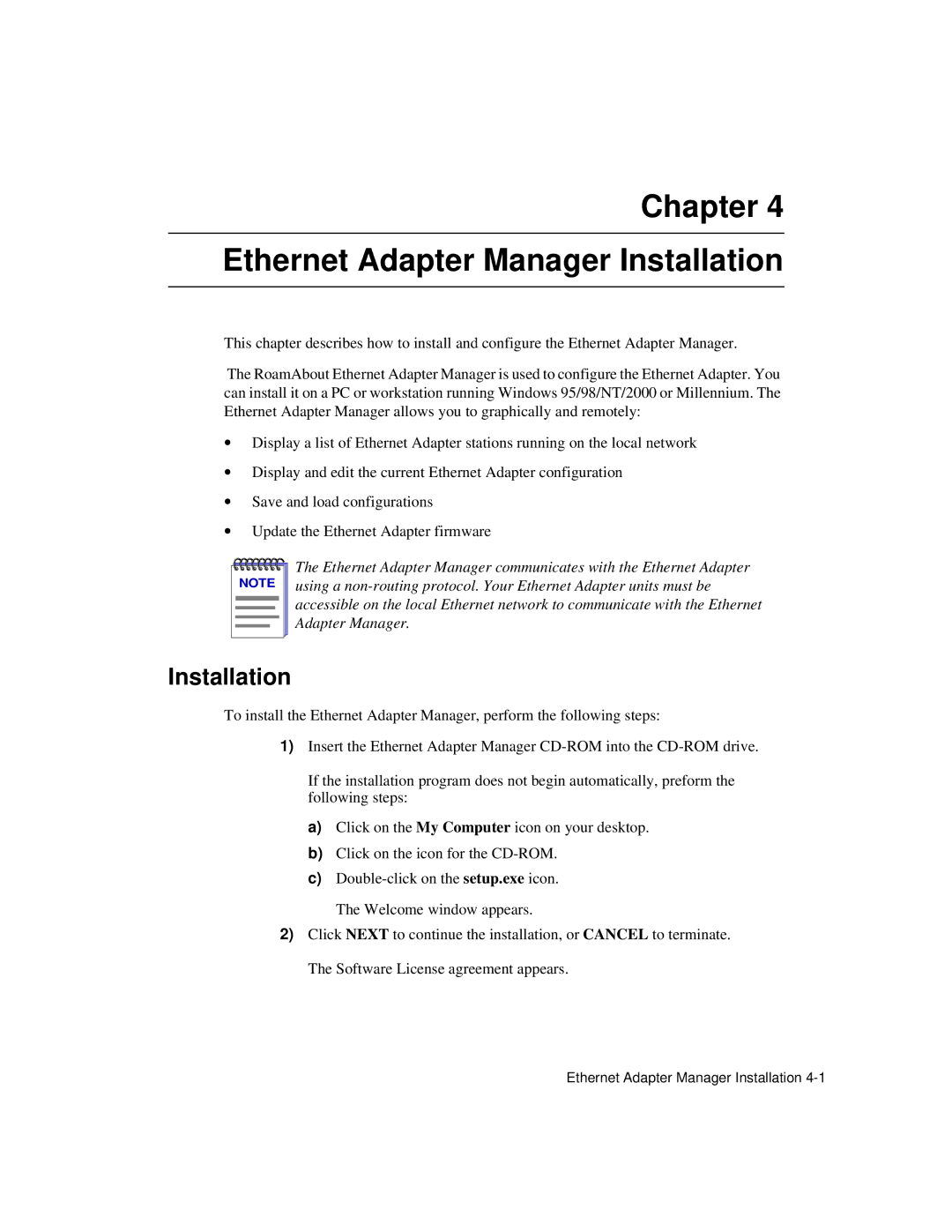 Enterasys Networks Wireless Ethernet Adapter I manual Chapter Ethernet Adapter Manager Installation 