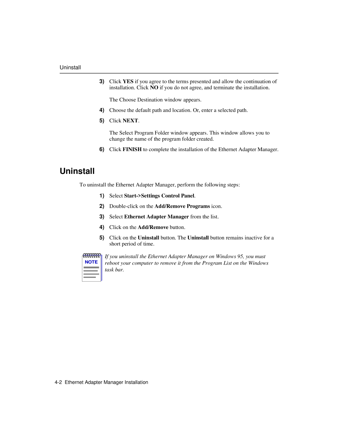 Enterasys Networks Wireless Ethernet Adapter I manual Uninstall, Select Start-Settings Control Panel 