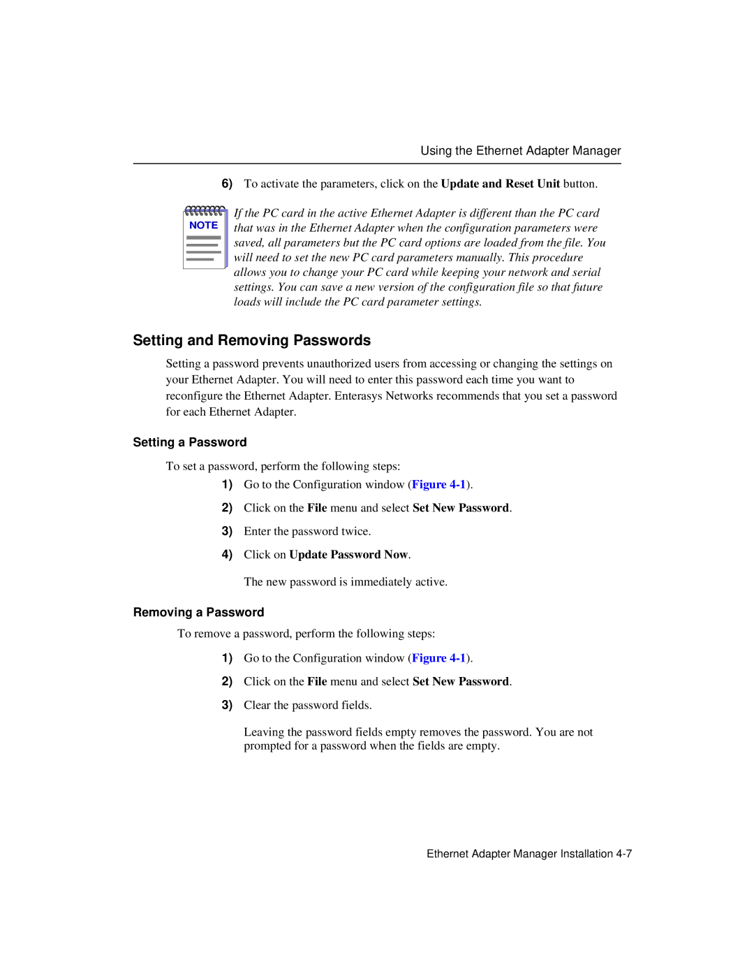 Enterasys Networks Wireless Ethernet Adapter I Setting and Removing Passwords, Setting a Password, Removing a Password 