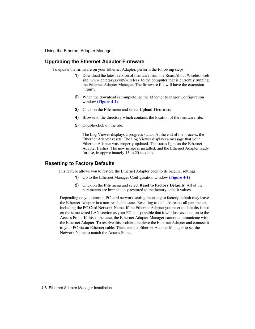 Enterasys Networks Wireless Ethernet Adapter I Upgrading the Ethernet Adapter Firmware, Resetting to Factory Defaults 