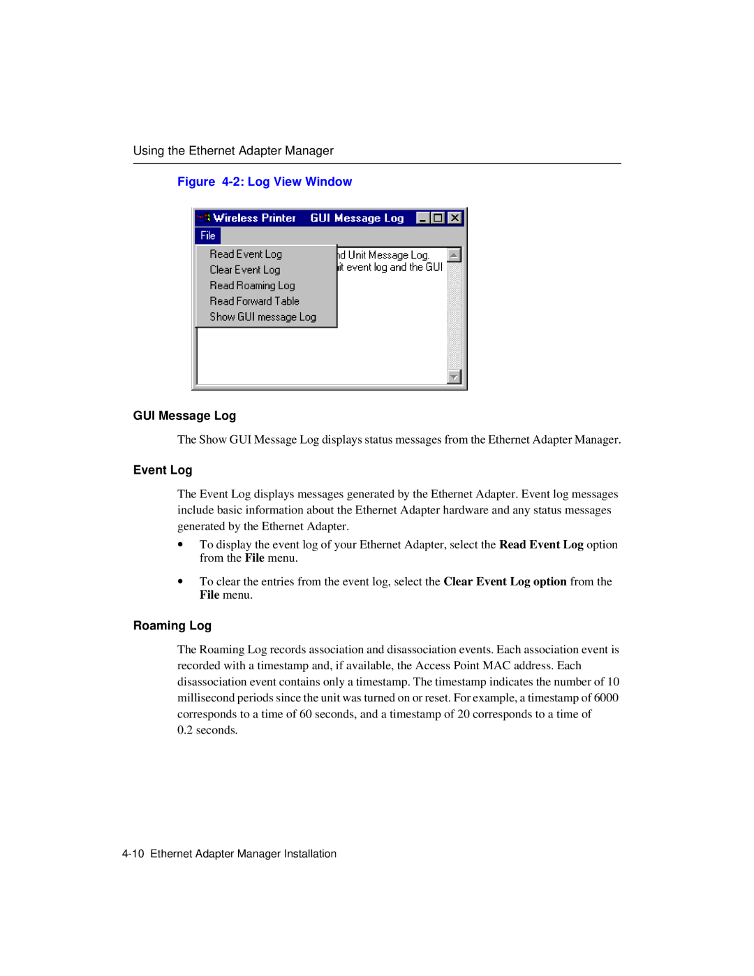 Enterasys Networks Wireless Ethernet Adapter I manual GUI Message Log, Event Log, Roaming Log 