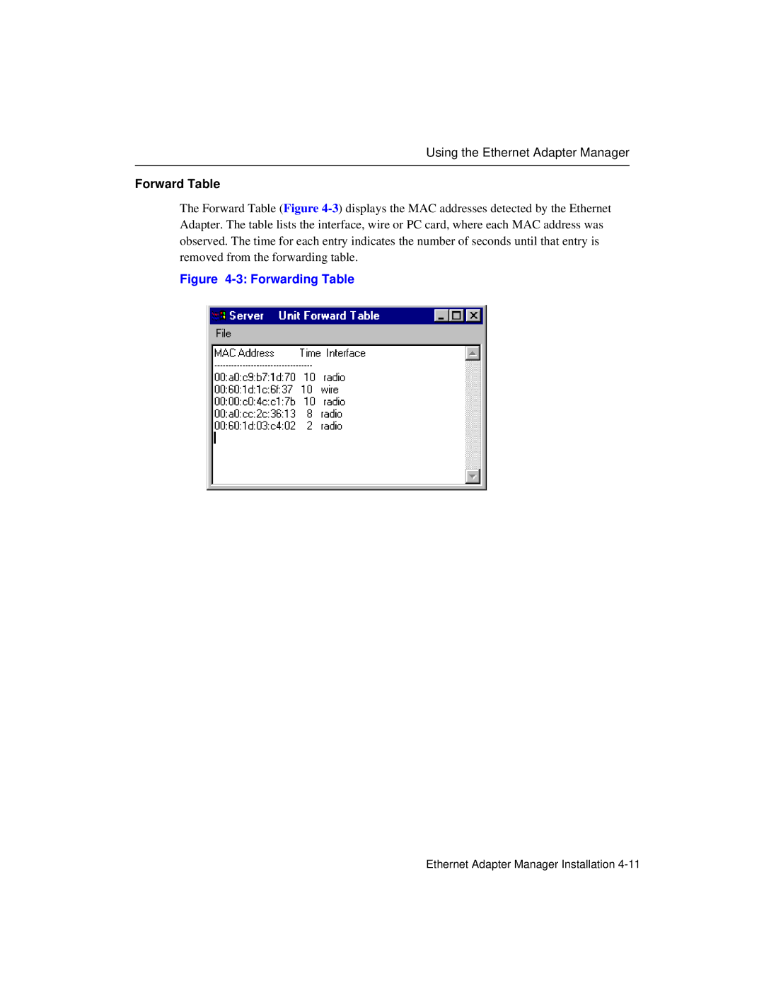 Enterasys Networks Wireless Ethernet Adapter I manual Forward Table, Forwarding Table 