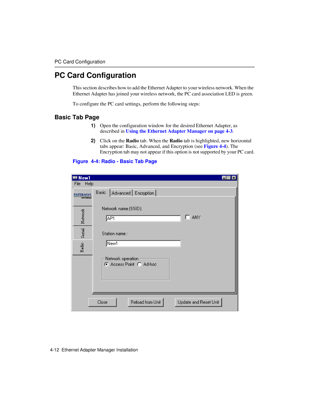 Enterasys Networks Wireless Ethernet Adapter I manual PC Card Configuration, Basic Tab 