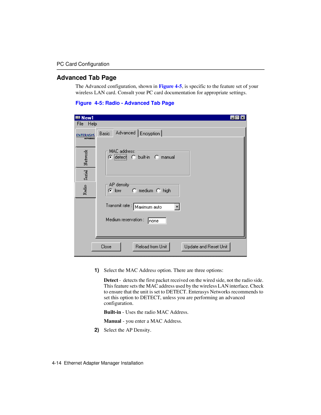 Enterasys Networks Wireless Ethernet Adapter I manual Radio Advanced Tab 