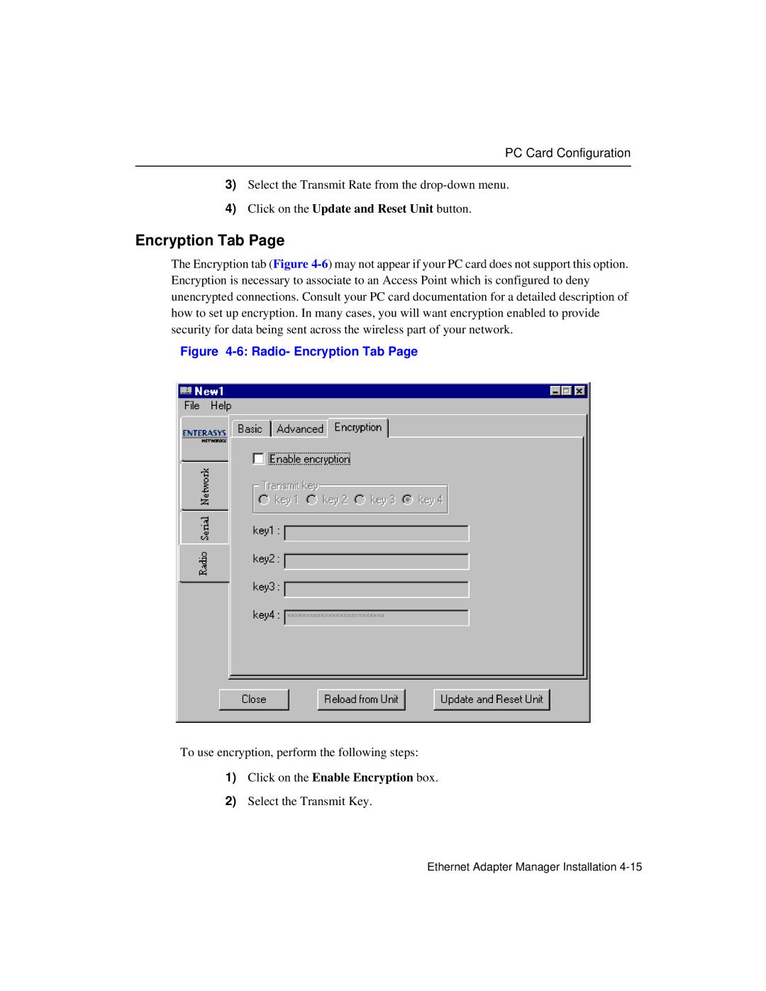 Enterasys Networks Wireless Ethernet Adapter I manual Encryption Tab, Click on the Update and Reset Unit button 