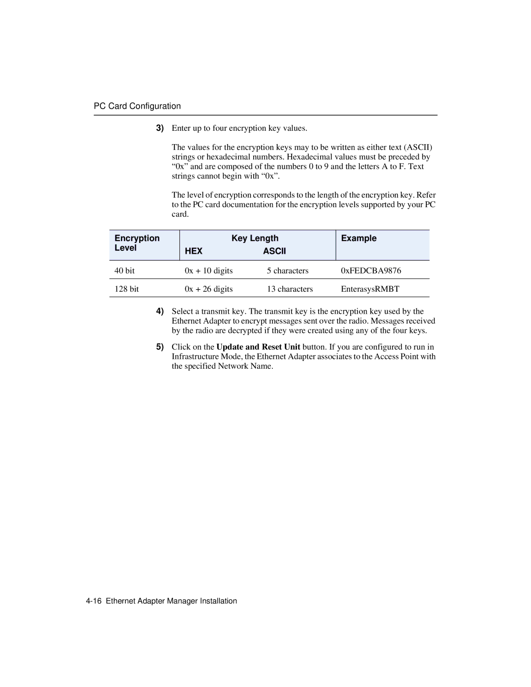 Enterasys Networks Wireless Ethernet Adapter I manual Encryption Key Length Example Level, HEX Ascii 