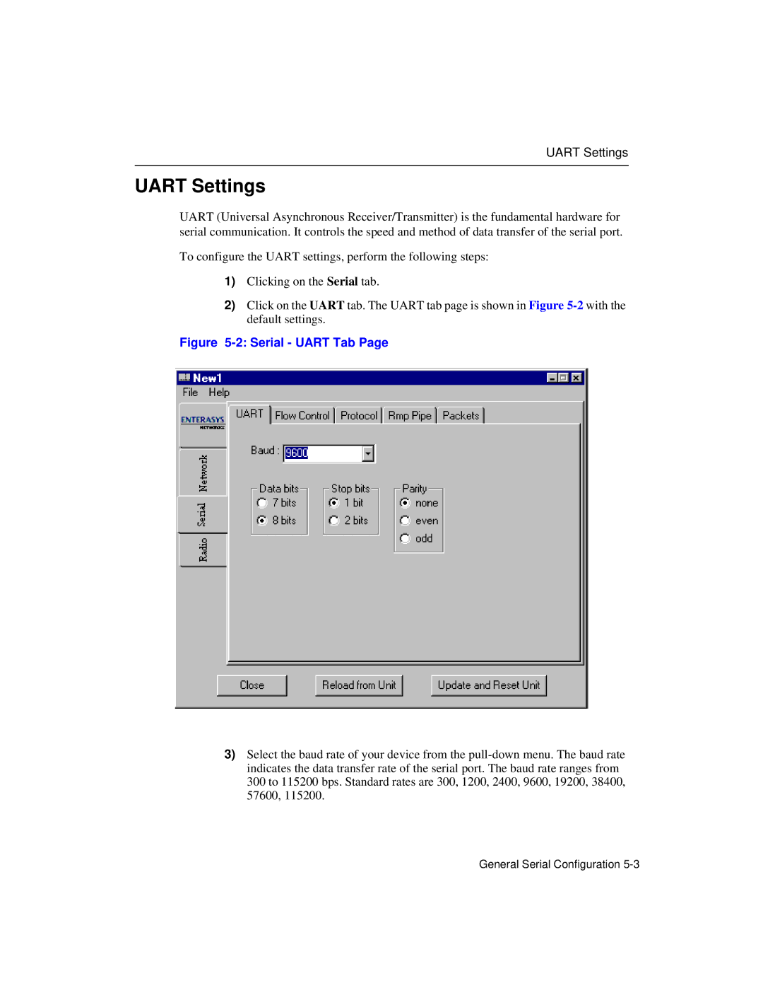 Enterasys Networks Wireless Ethernet Adapter I manual Uart Settings, Serial Uart Tab 