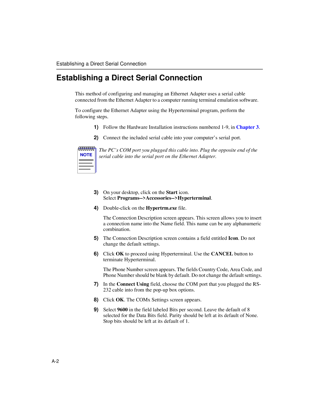 Enterasys Networks Wireless Ethernet Adapter I manual Establishing a Direct Serial Connection 